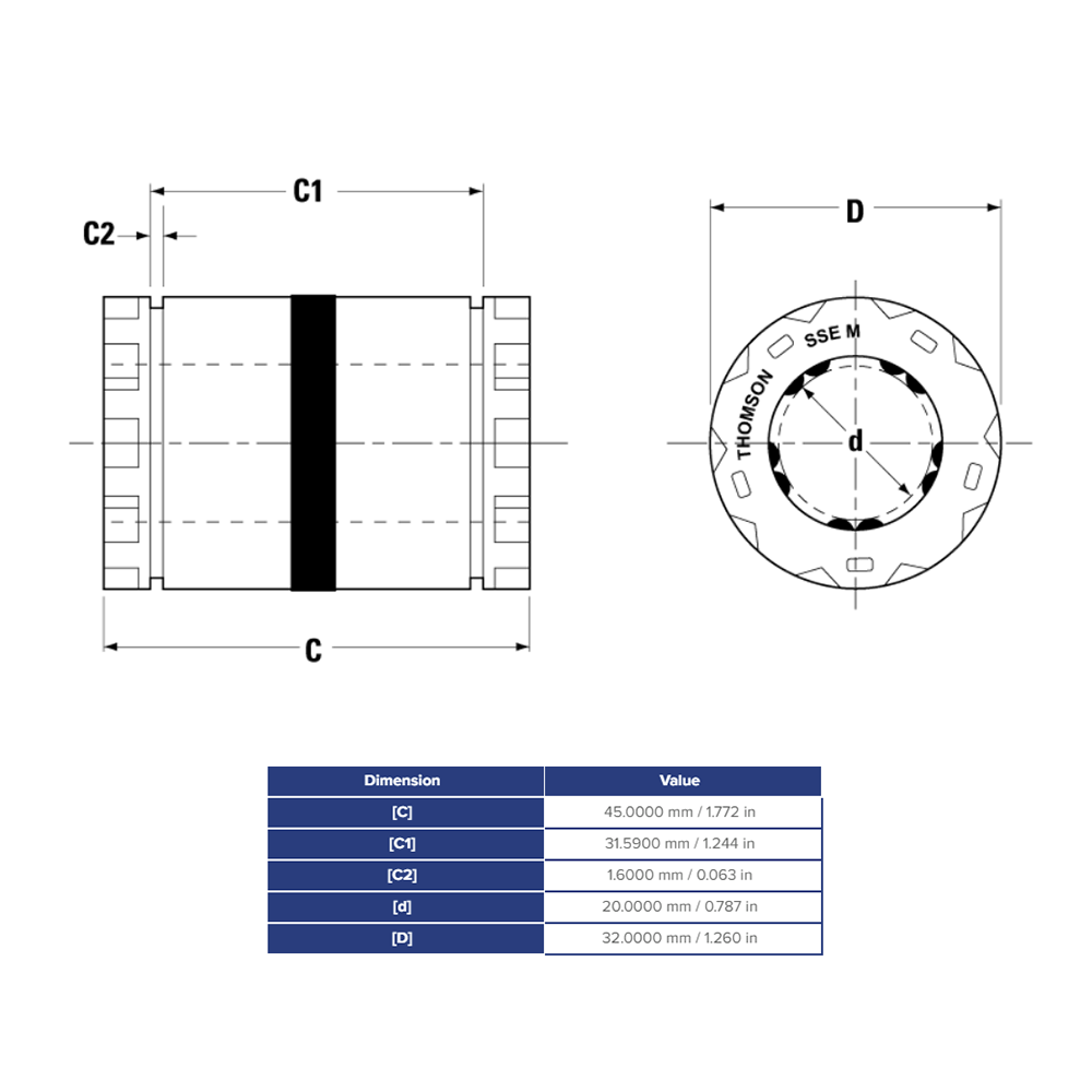 SSEM20 THOMSON BALL BUSHING<BR>SSE SERIES 20MM CLOSED LINEAR BEARING SELF ALIGNING ADJUSTABLE 899.24 LBF